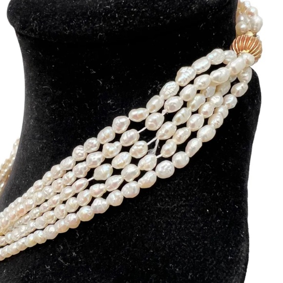 VINTAGE 5 STRAND RICE FRESHWATER PEARL 18" NECKLACE WITH 14k BALL CLASP CLOSURE - Picture 10 of 12